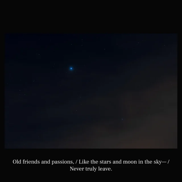 Old friends and passions, / Like the stars and moon in the sky— / Never truly leave.

- @hariotezawa

#poet #poetry #haiku #art #naturephotos #photographer